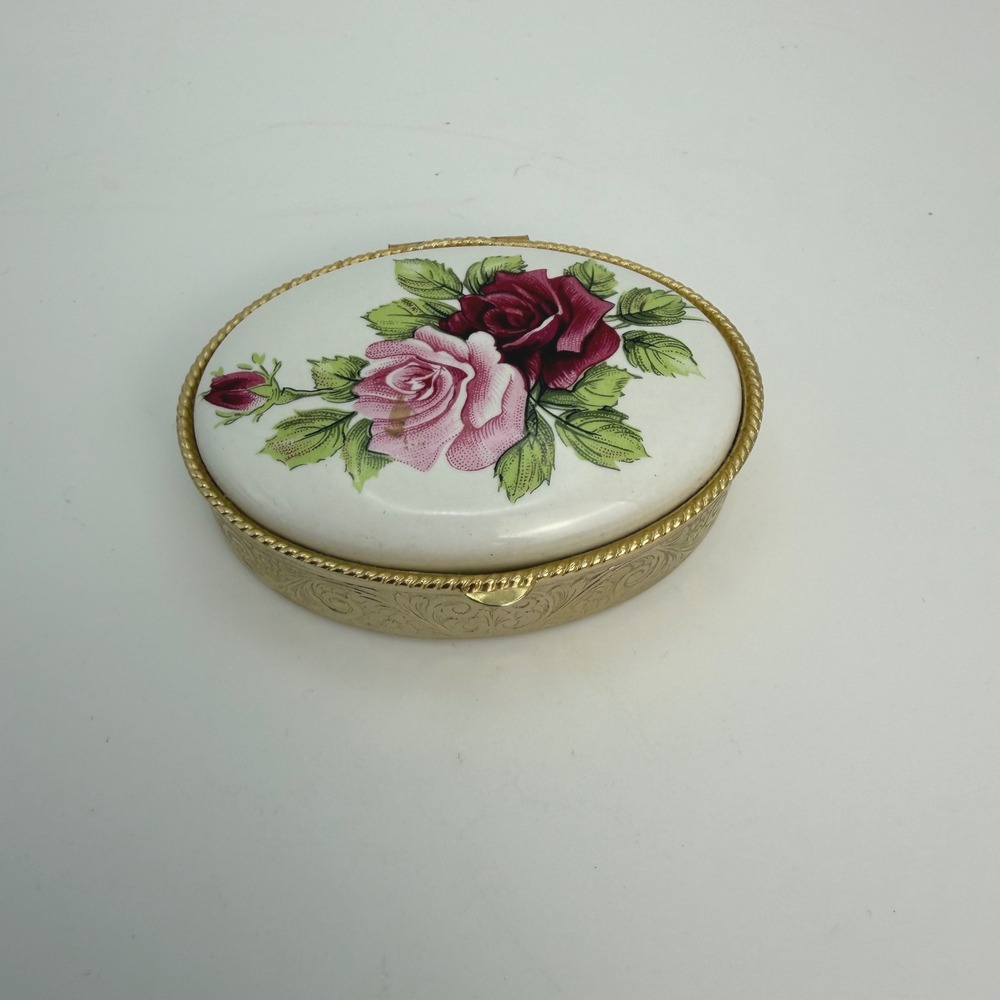 Vintage Aram Firenze Italy Porcelain Floral Trinket Pill Box Roses‎ Gold Tone